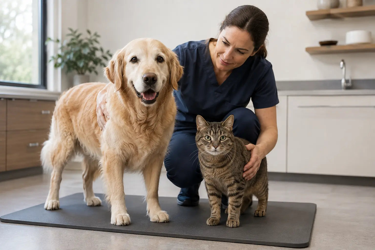 Dierenarts beoordeelt de houding van een oudere hond en kat op een antislipmat