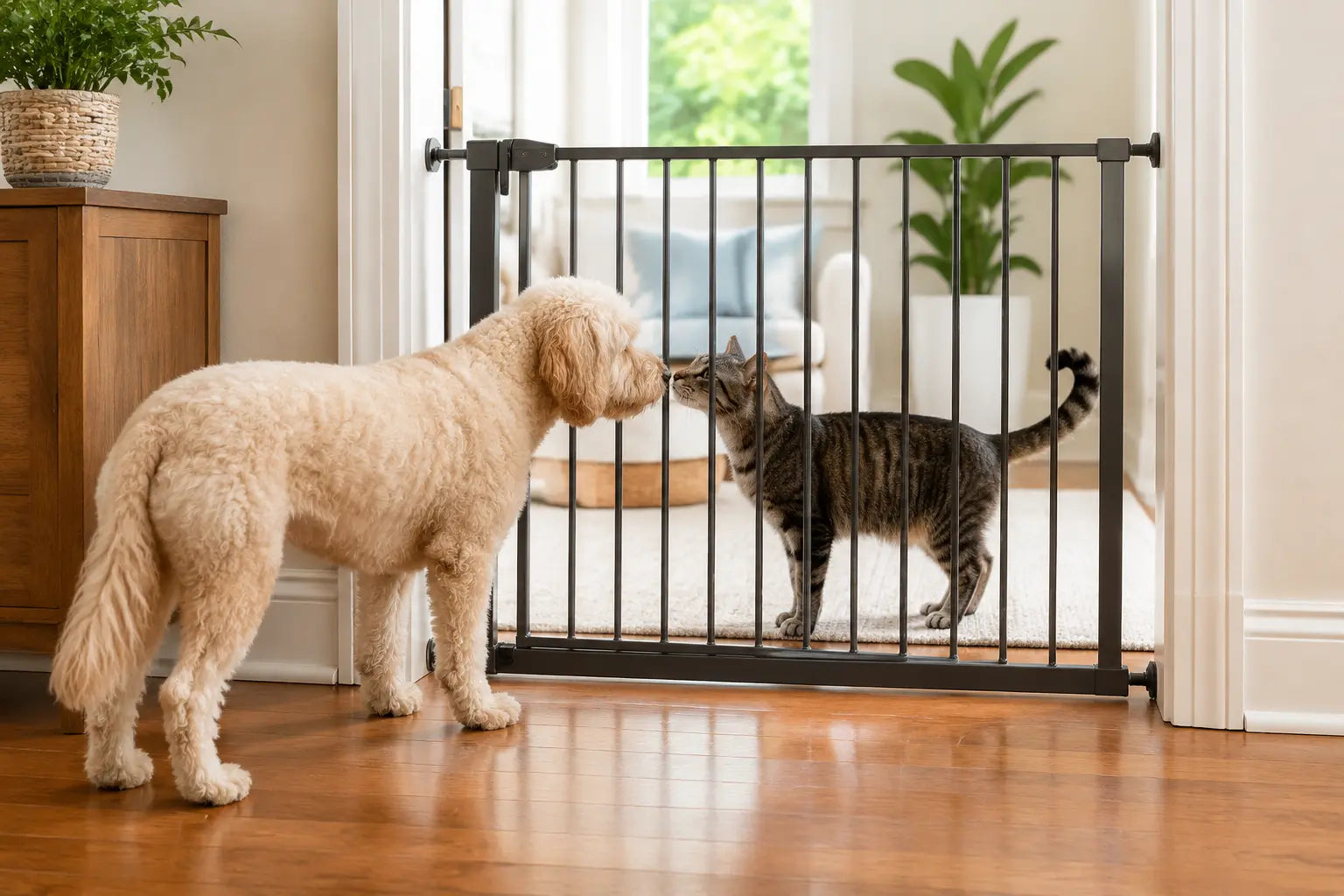 Hond en kat maken rustig kennis aan weerszijden van een afsluithek