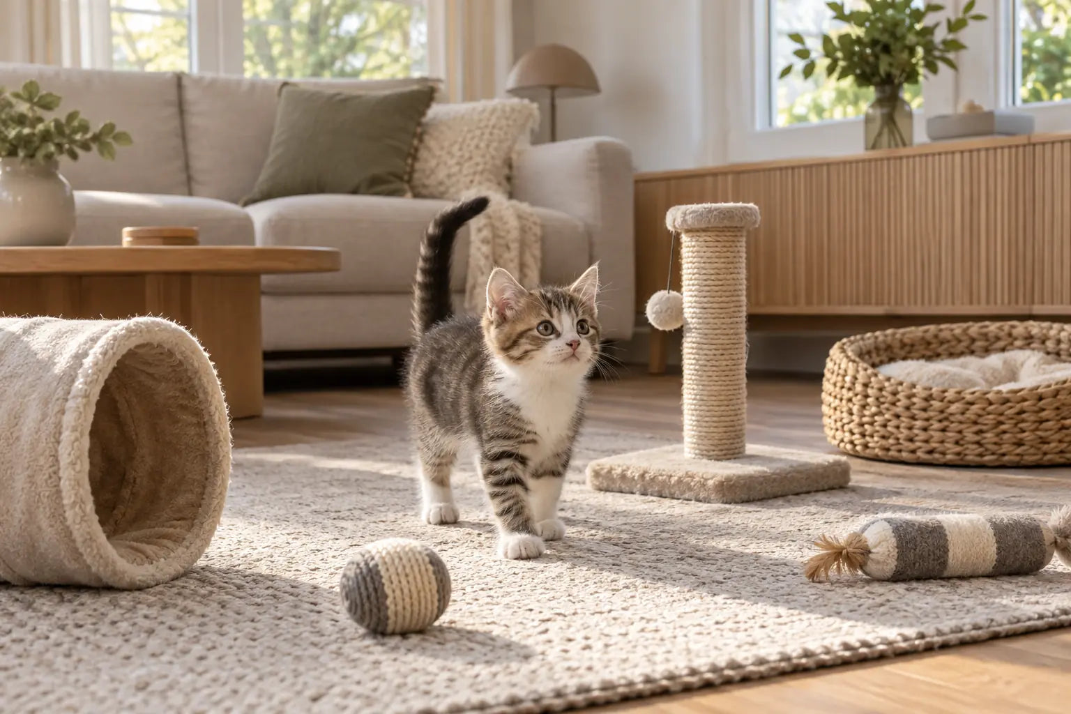 Nieuwsgierige kitten in een veilige woonkamer met krabpaal en stevig speelgoed