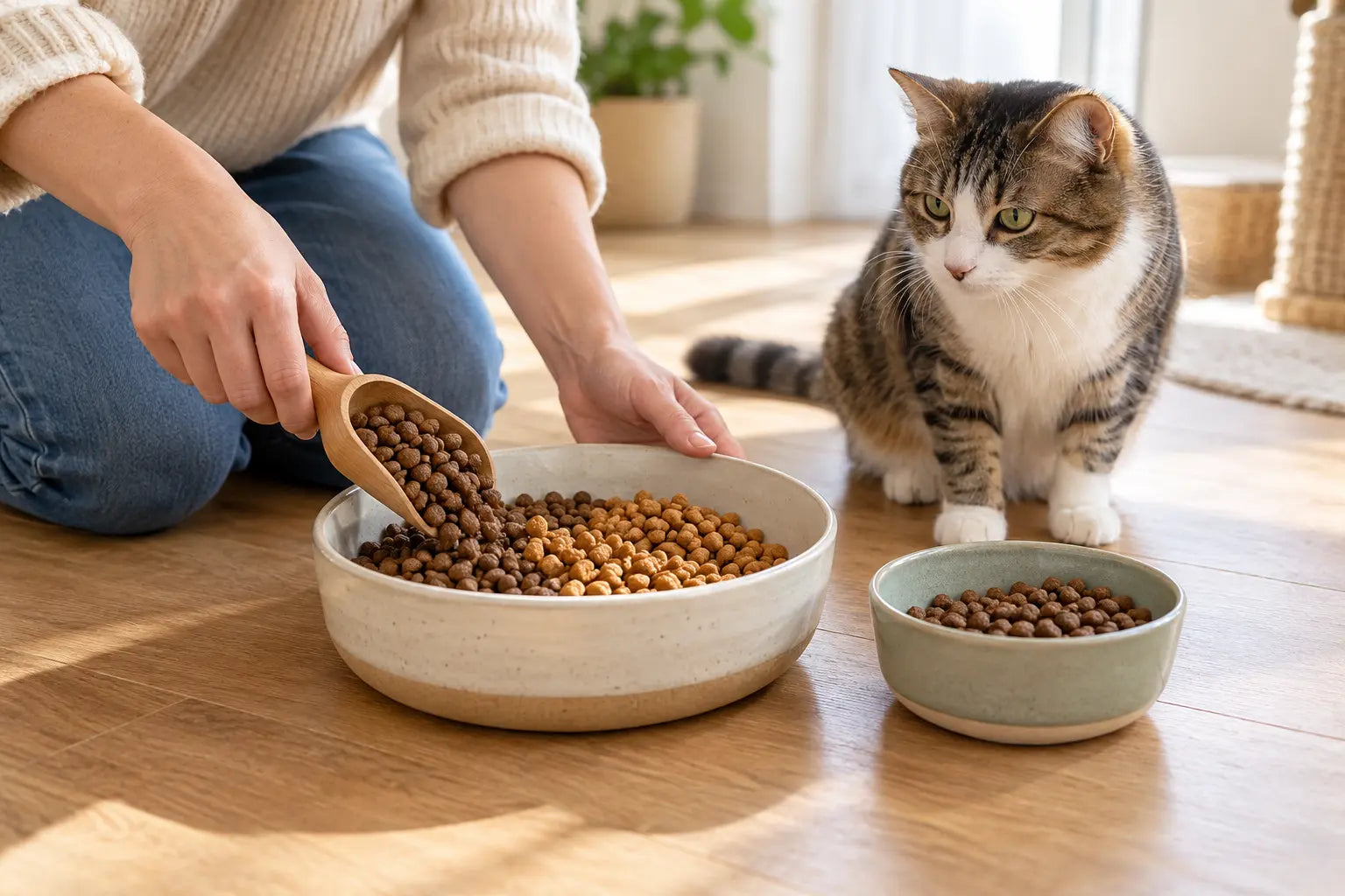 Nieuw kattenvoer wordt geleidelijk door het vertrouwde voer gemengd