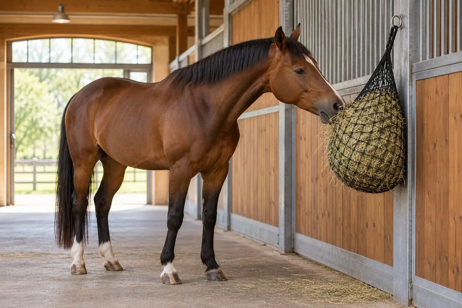 Paard eet rustig hooi uit een veilig hoog en stevig bevestigd hooinet