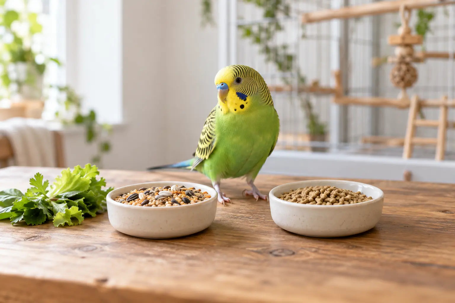 Grasparkiet tussen een bakje zaadmengsel en een bakje pellets