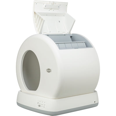 Caixa de areia Trixie autolimpante para gatos, em plástico branco.