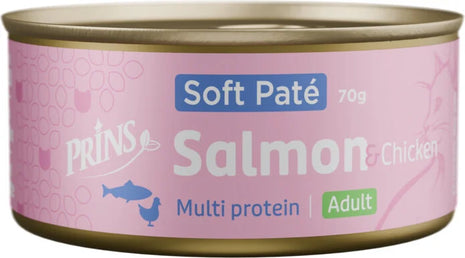 Prins Soft Paté Salmão e Frango – Alimento Natural Sem Grão para Gatos com Salmão e Frango (24 x 70g)